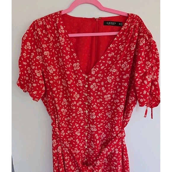 Lauren Ralph Lauren Red Floral Midi Dress Button Front Size 16W - Picture 3 of 11